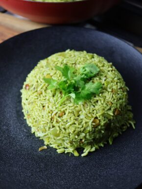 Close-up of a white plate filled with fluffy, green coriander rice